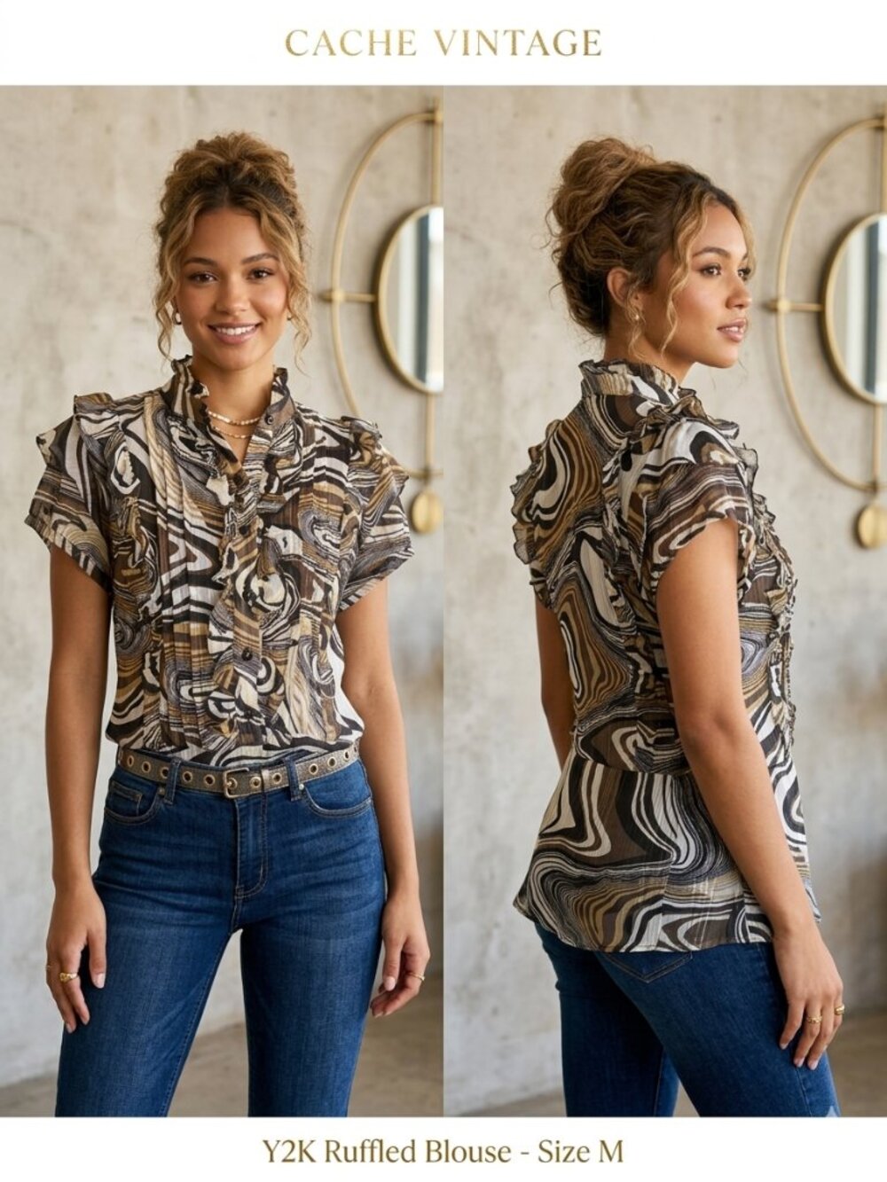 Cache Vintage Y2K Ruffled Black Gold Brown White Abstract Blouse - Size Medium